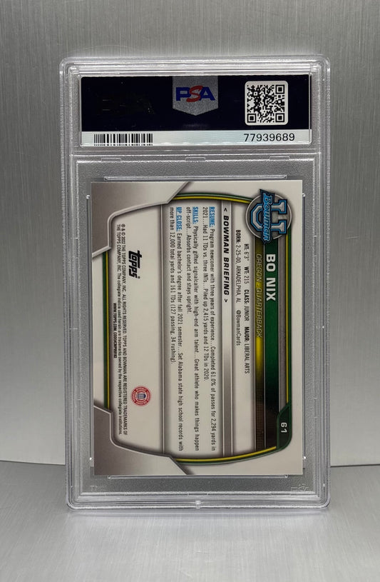 2022 Topps Bowman University #61 Bo Nix Chrome Prospect Purple Shimmer PSA 10 POP 4!