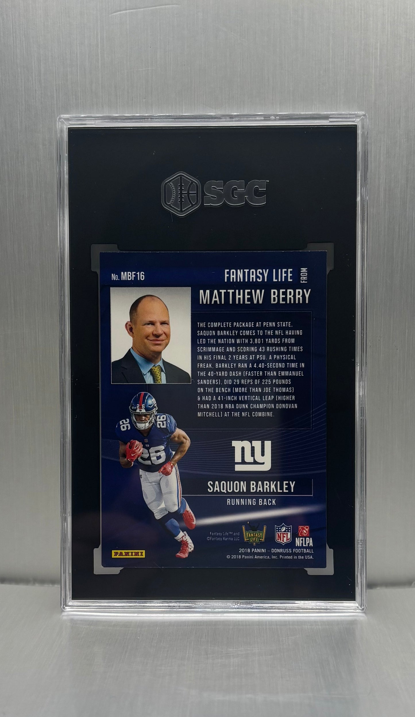 2018 Donruss MBF16 Saquon Barkley Matthew Berry's Fantasy Life SGC 9