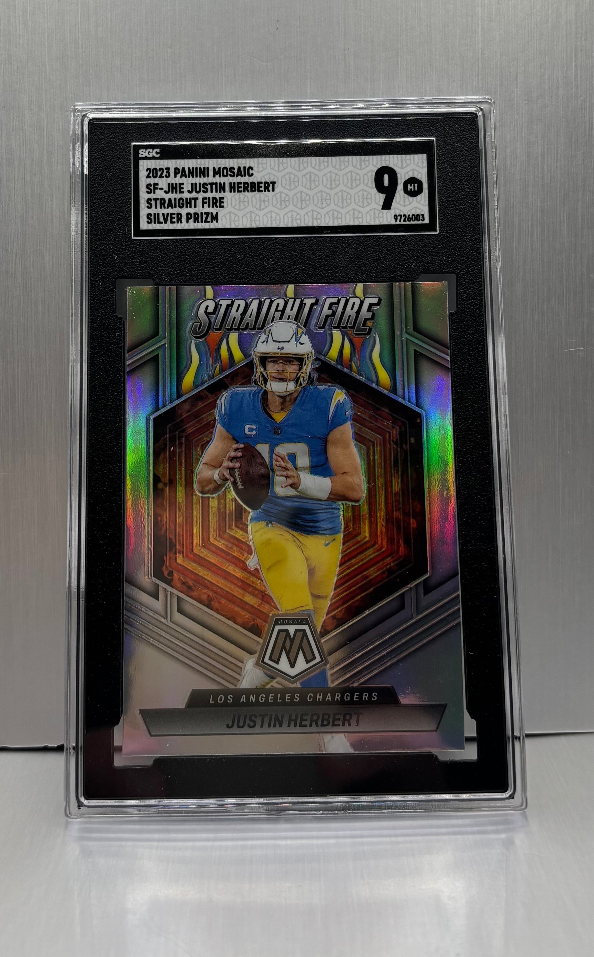 2023 Panini Mosaic SF-JHE Justin Herbert Straight Fire Silver Prizm SGC 9
