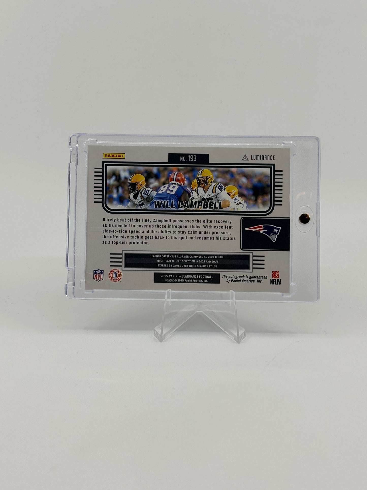 2025 Panini Luminance - Will Campbell RC AUTO SP Color Match /100 #193 Patriots