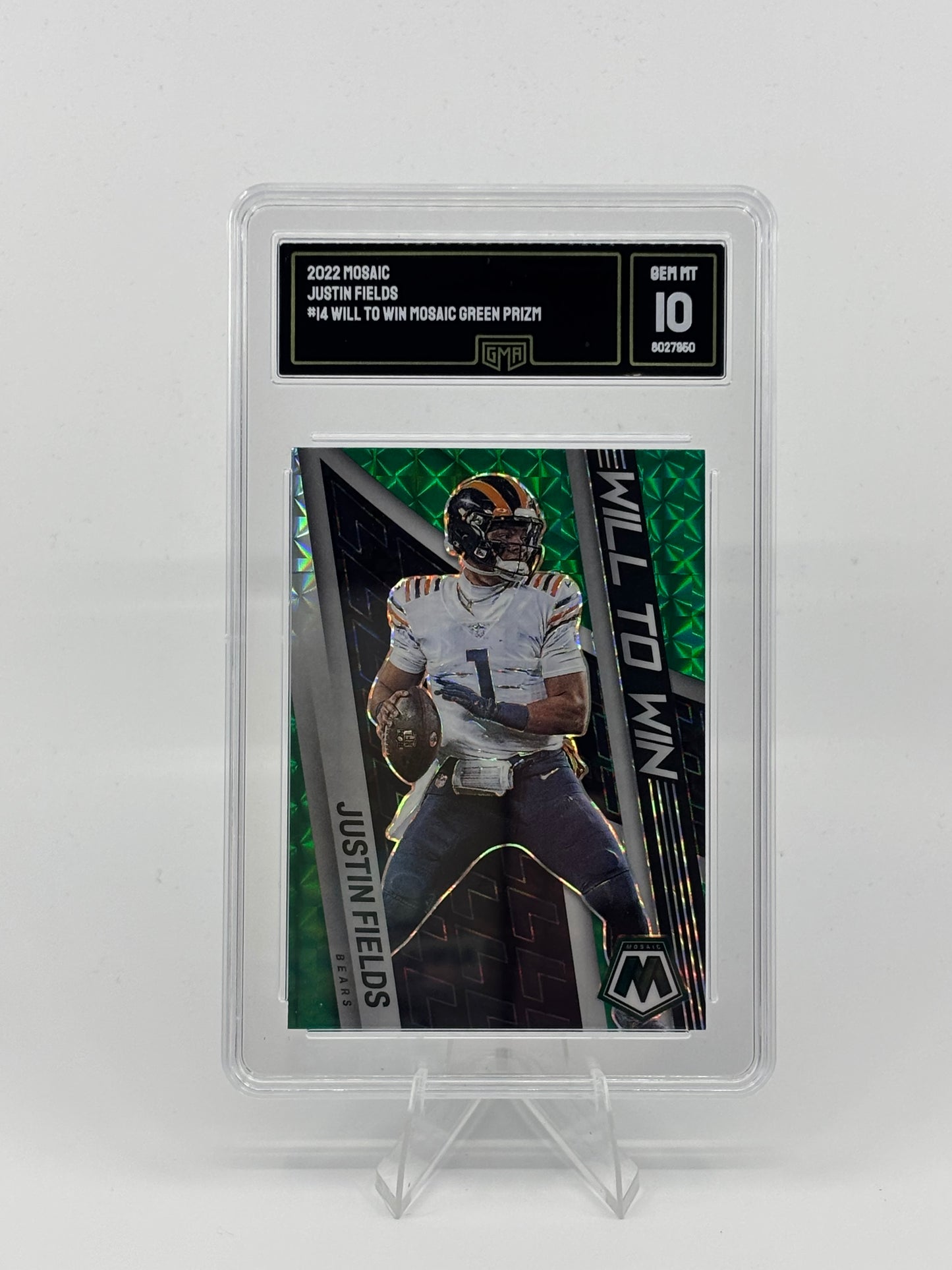 2022 Mosaic Justin Fields #14 Will to Win Mosaic Green Prizm GMA 10