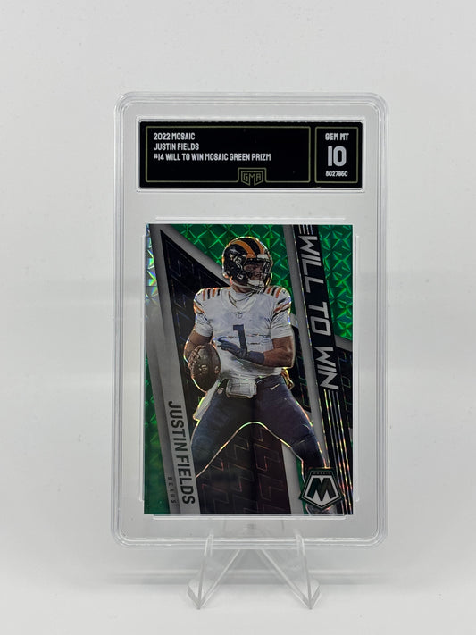 2022 Mosaic Justin Fields #14 Will to Win Mosaic Green Prizm GMA 10